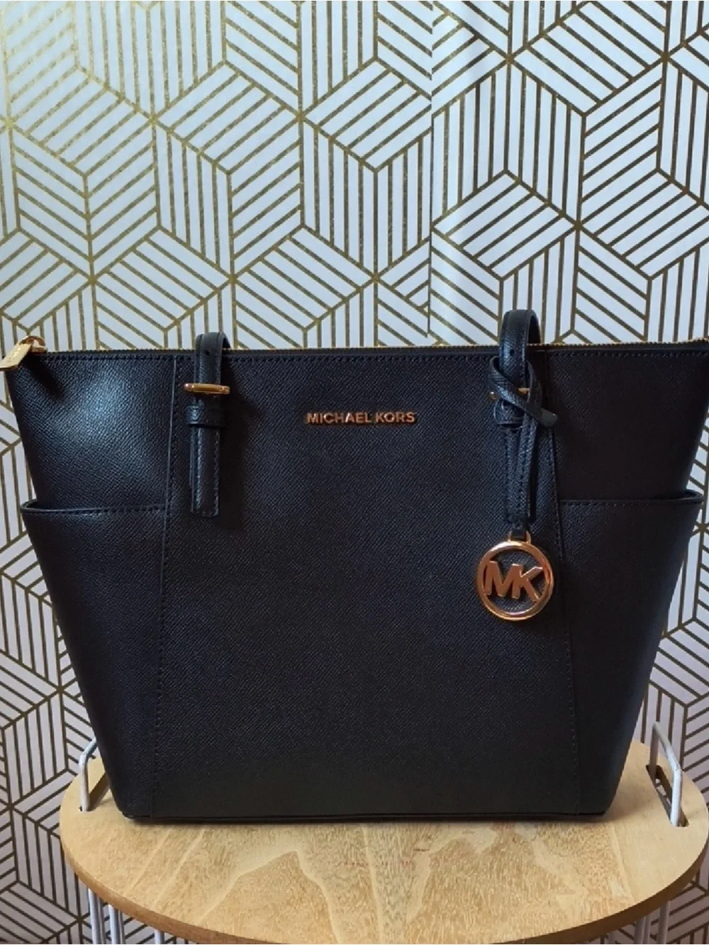 Michael Kors Black Leather Saffiano Tote with Gold MK Charm